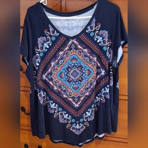 Westport Short Sleeve Top with Blue and Red Pattern